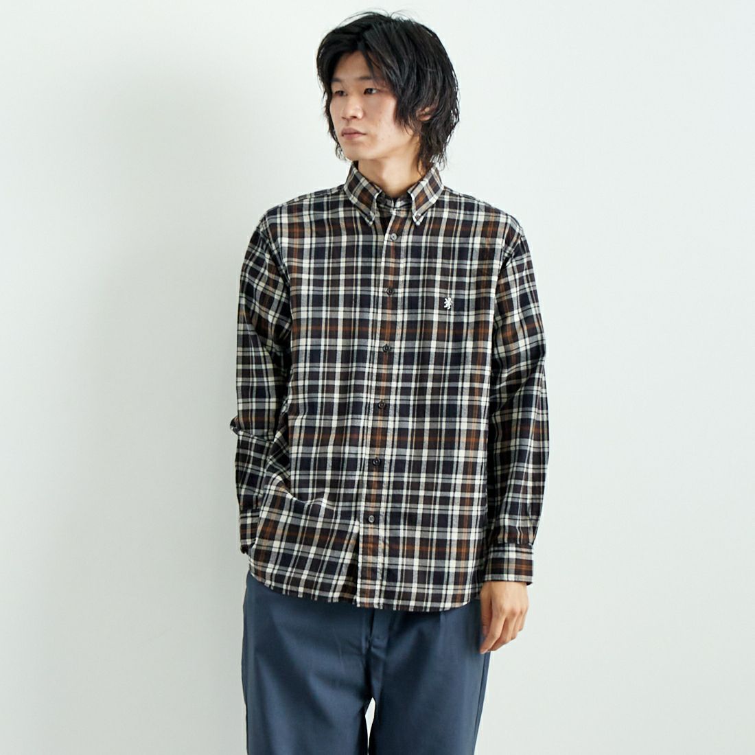 Gymphlex [ジムフレックス] ボタンダウン チェックシャツ [GY-B0196CTE] NV/L.BR CK &&モデル身長：182cm 着用サイズ：L&&