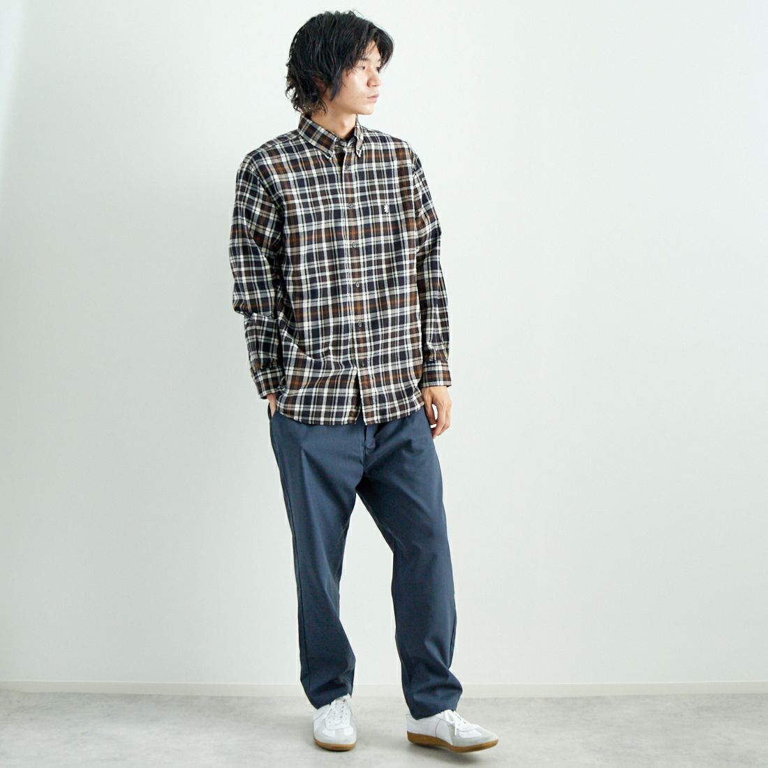 Gymphlex [ジムフレックス] ボタンダウン チェックシャツ [GY-B0196CTE] NV/L.BR CK &&モデル身長：182cm 着用サイズ：L&&