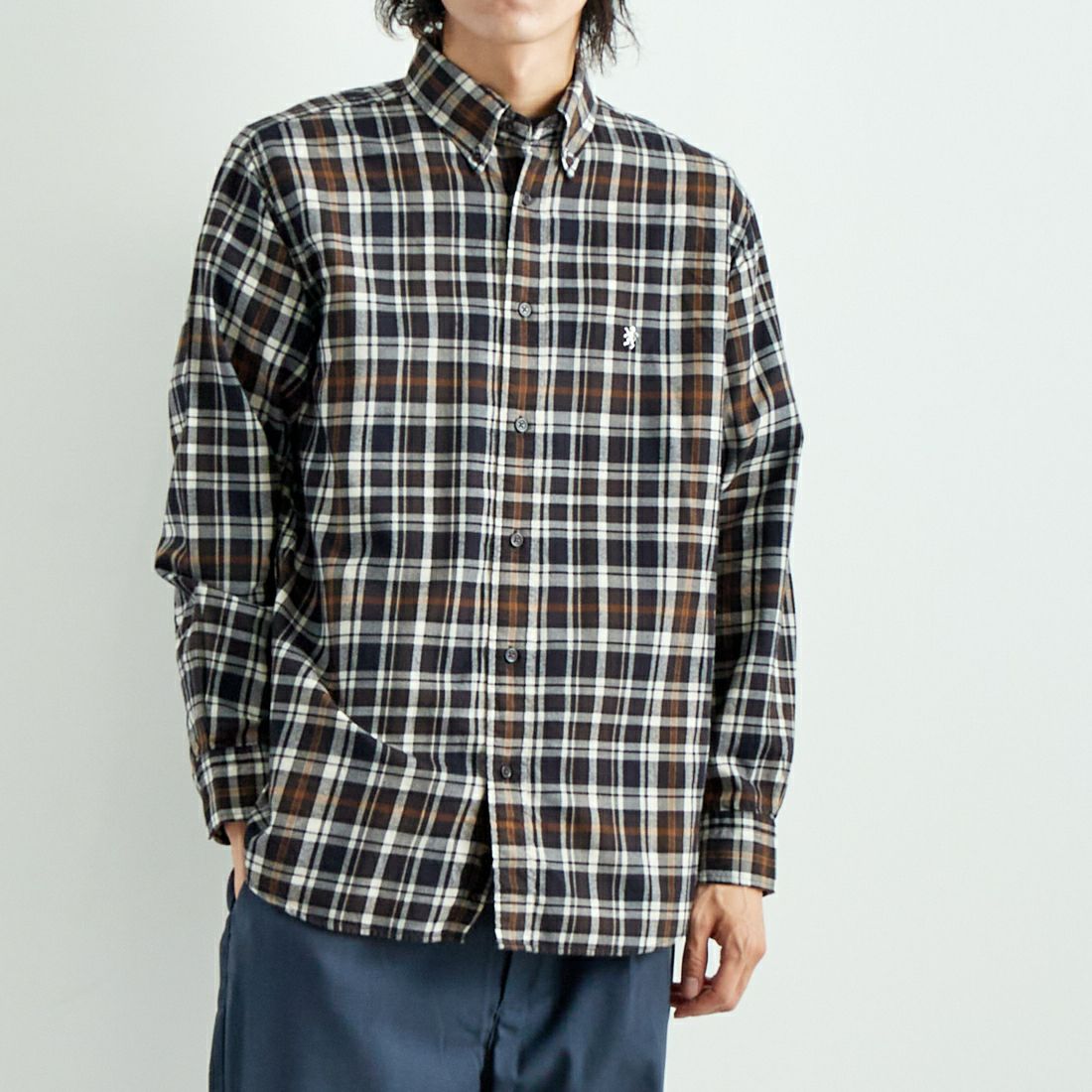 Gymphlex [ジムフレックス] ボタンダウン チェックシャツ [GY-B0196CTE] NV/L.BR CK &&モデル身長：182cm 着用サイズ：L&&
