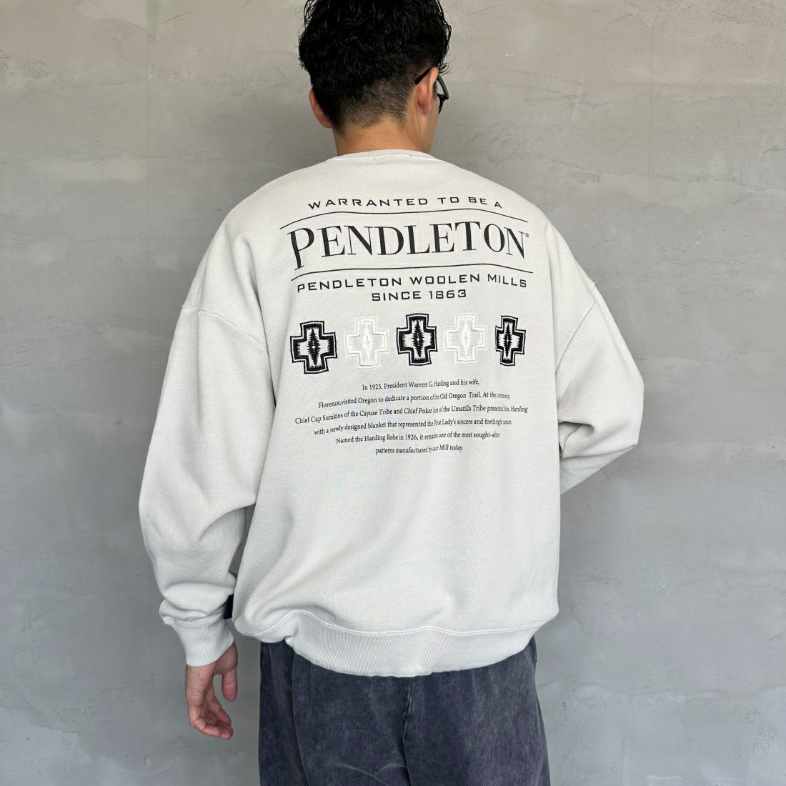 PENDLETON [ペンドルトン] 別注 ネイティブ柄 バックプリントピグメントスウェット [4475-7238-JF] GREY &&モデル身長：168cm 着用サイズ：M&&