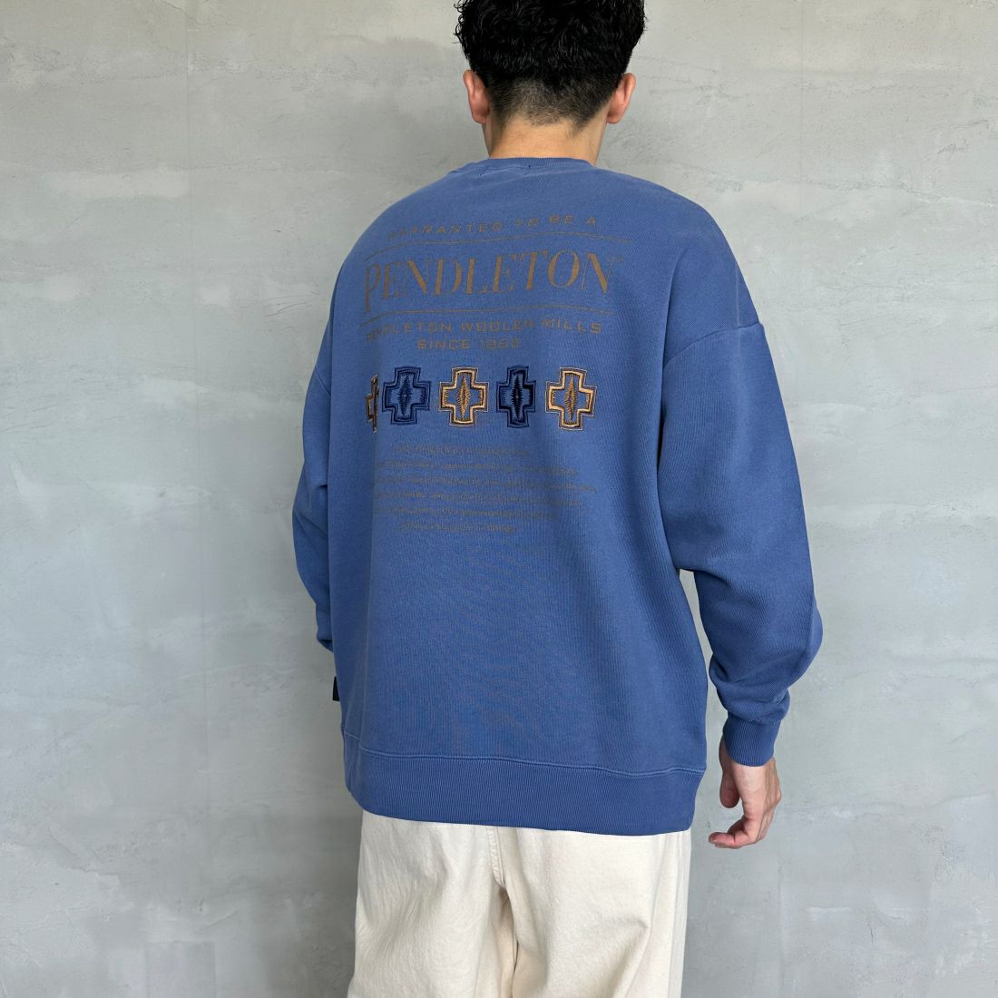 PENDLETON [ペンドルトン] 別注 ネイティブ柄 バックプリントピグメントスウェット [4475-7238-JF] NAVY &&モデル身長：168cm 着用サイズ：M&&
