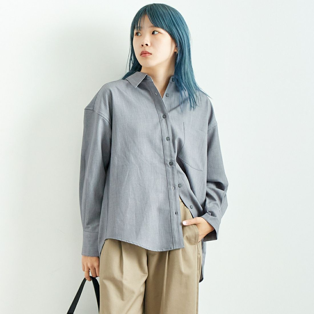 Jeans Factory Clothes [ジーンズファクトリークローズ] テンセルウール ロングスリーブシャツ [LFE700] 830 GRAY &&モデル身長：167cm 着用サイズ：F&&