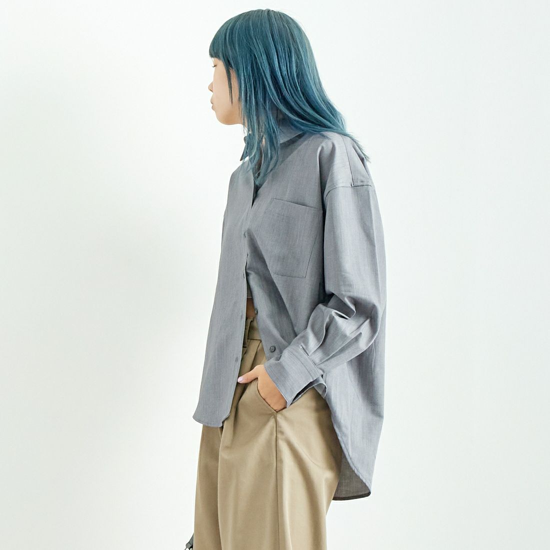 Jeans Factory Clothes [ジーンズファクトリークローズ] テンセルウール ロングスリーブシャツ [LFE700] 830 GRAY &&モデル身長：167cm 着用サイズ：F&&
