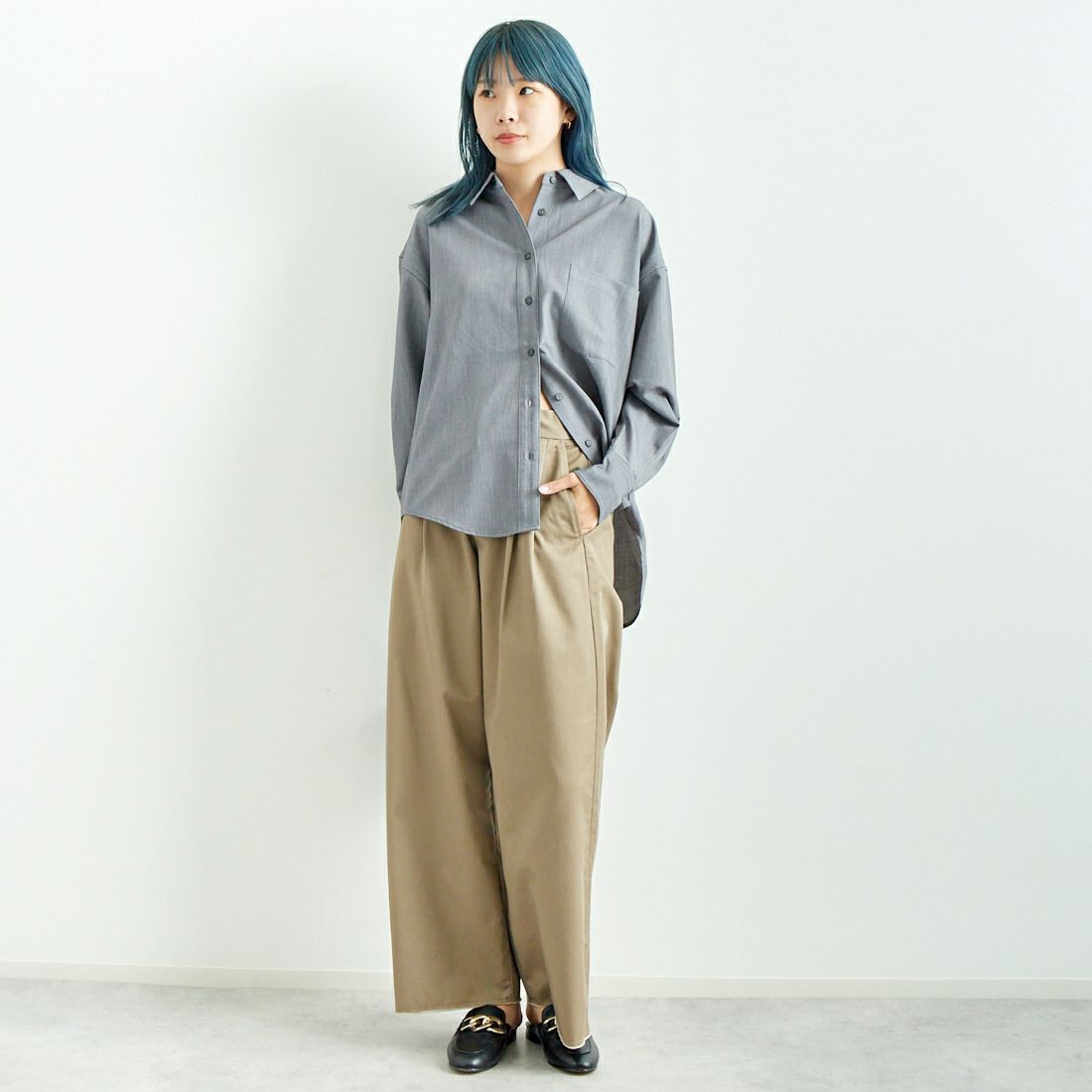 Jeans Factory Clothes [ジーンズファクトリークローズ] テンセルウール ロングスリーブシャツ [LFE700] 830 GRAY &&モデル身長：167cm 着用サイズ：F&&