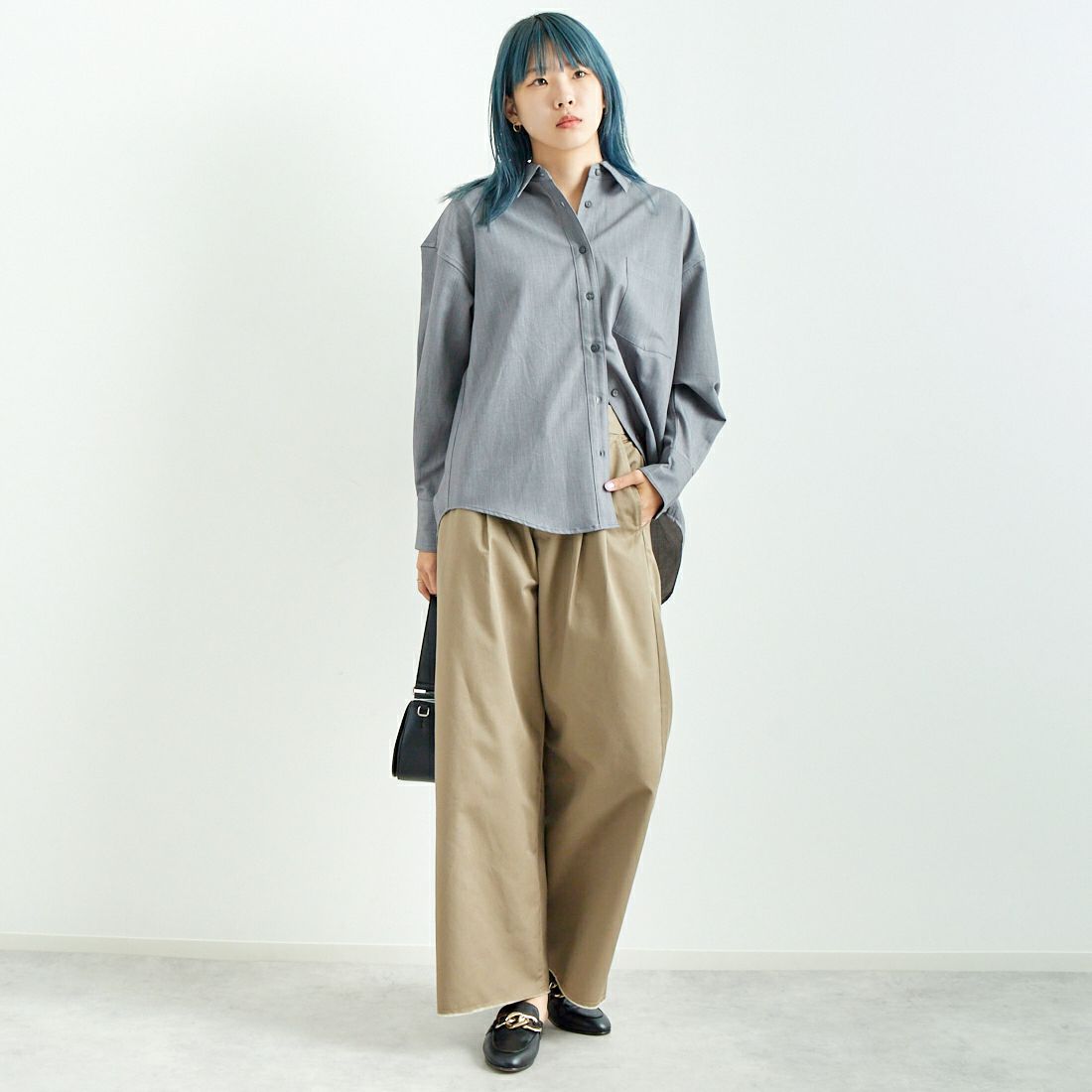 Jeans Factory Clothes [ジーンズファクトリークローズ] テンセルウール ロングスリーブシャツ [LFE700] 830 GRAY &&モデル身長：167cm 着用サイズ：F&&