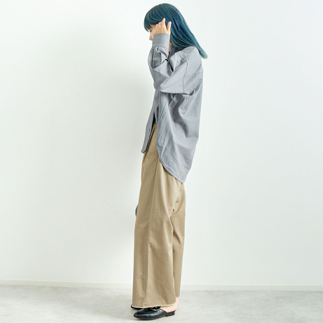 Jeans Factory Clothes [ジーンズファクトリークローズ] テンセルウール ロングスリーブシャツ [LFE700] 830 GRAY &&モデル身長：167cm 着用サイズ：F&&