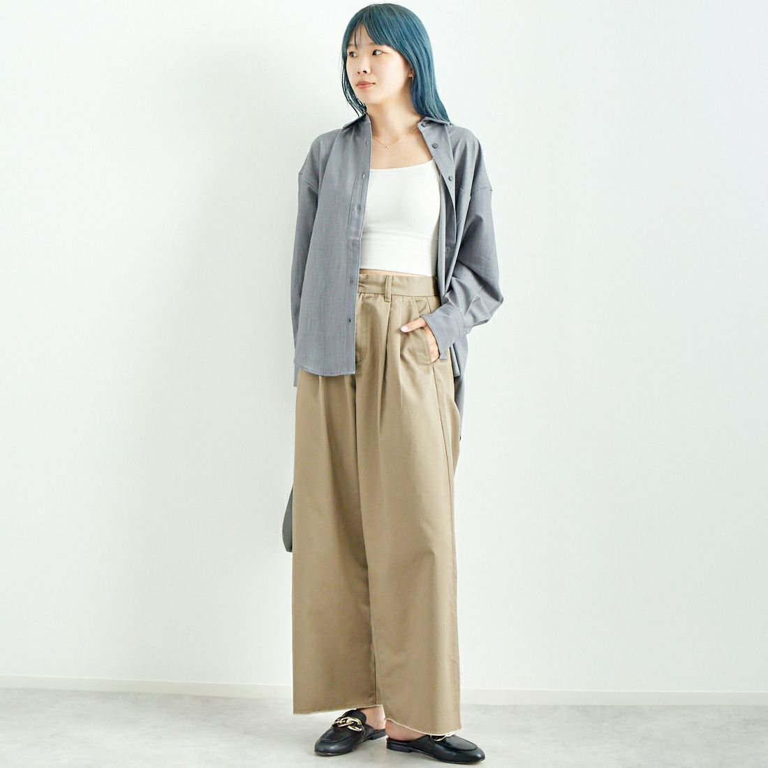 Jeans Factory Clothes [ジーンズファクトリークローズ] テンセルウール ロングスリーブシャツ [LFE700] 830 GRAY &&モデル身長：167cm 着用サイズ：F&&