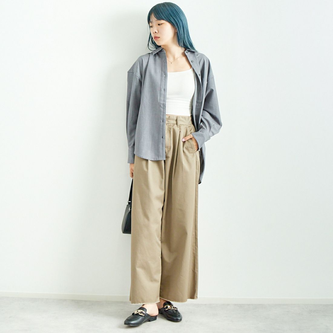 Jeans Factory Clothes [ジーンズファクトリークローズ] テンセルウール ロングスリーブシャツ [LFE700] 830 GRAY &&モデル身長：167cm 着用サイズ：F&&