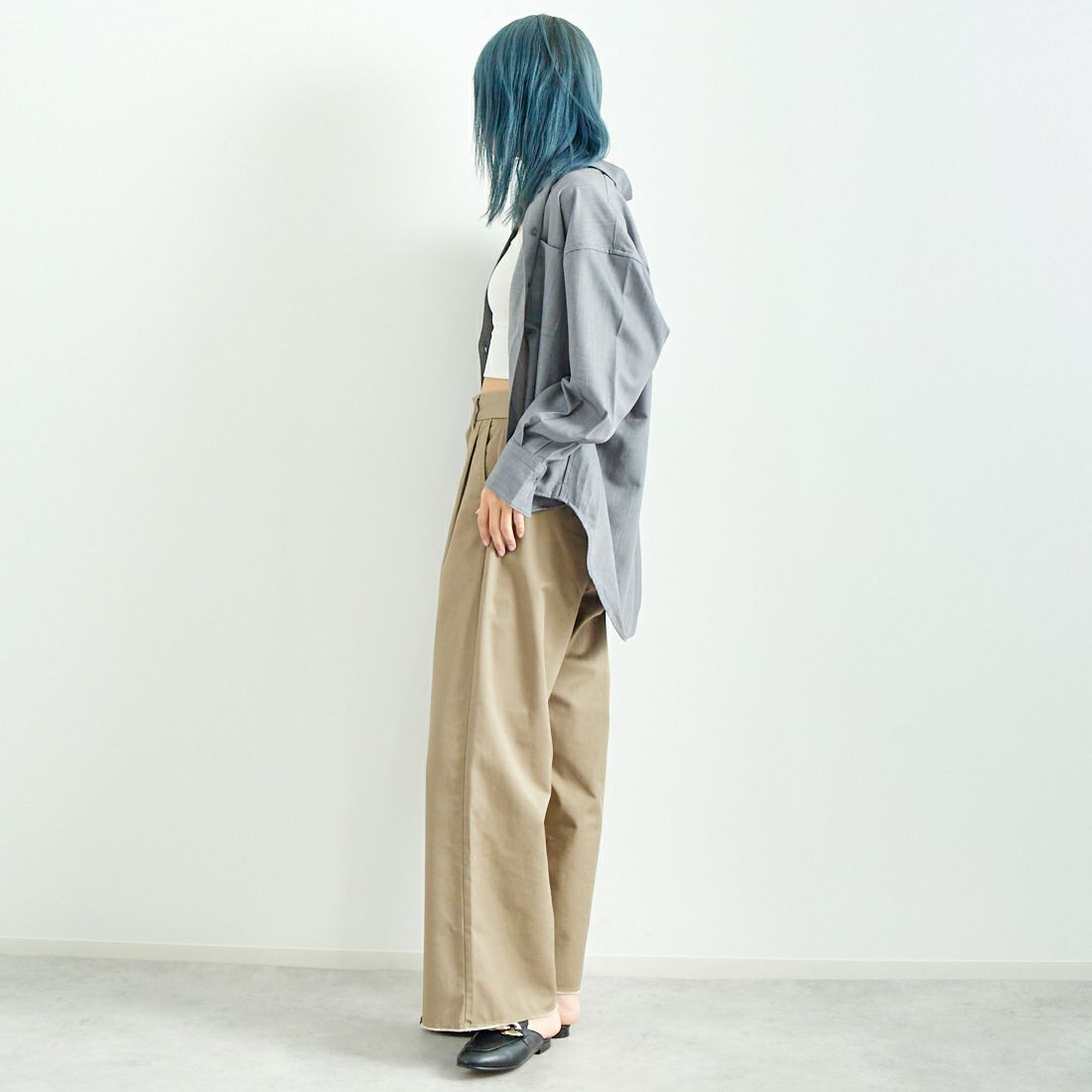 Jeans Factory Clothes [ジーンズファクトリークローズ] テンセルウール ロングスリーブシャツ [LFE700] 830 GRAY &&モデル身長：167cm 着用サイズ：F&&