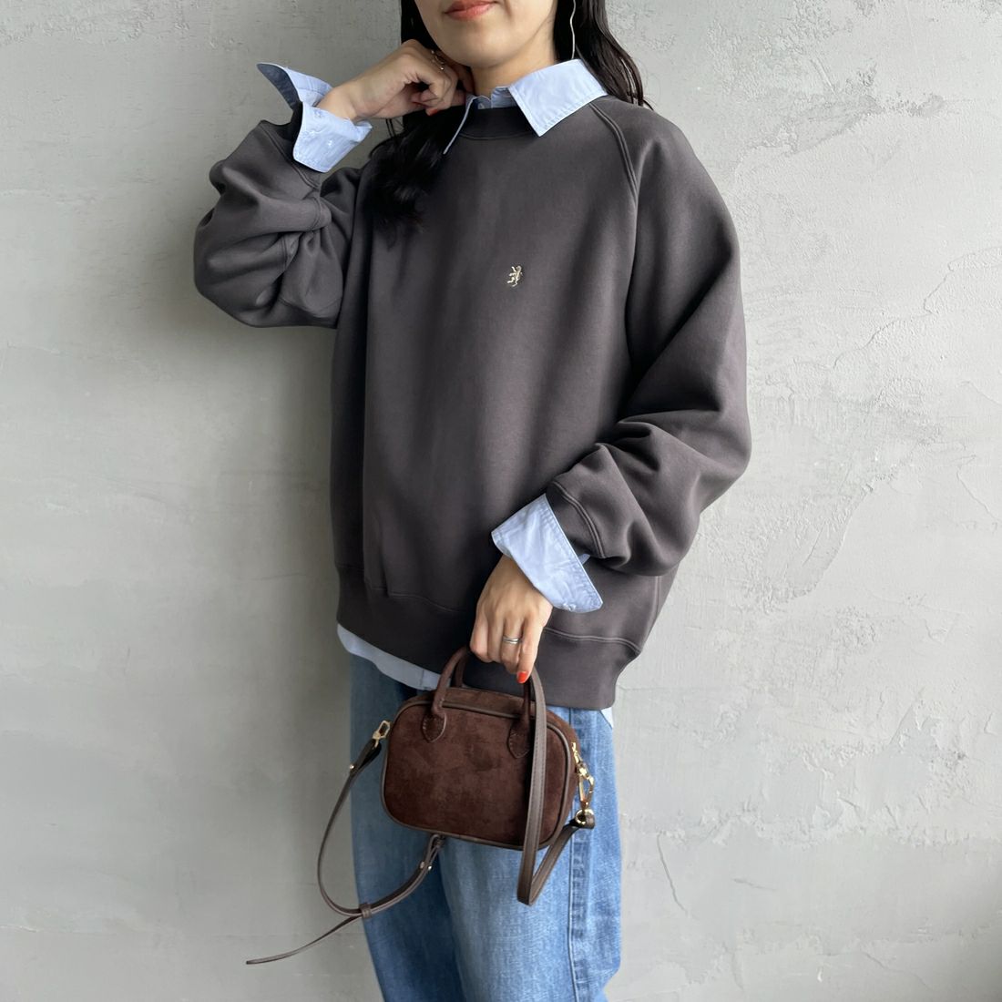 Gymphlex [ジムフレックス] スウィングスリーブ クルーネックスウェット [GY-C0291TCF] CHARCOAL &&モデル身長：160cm 着用サイズ：14&&