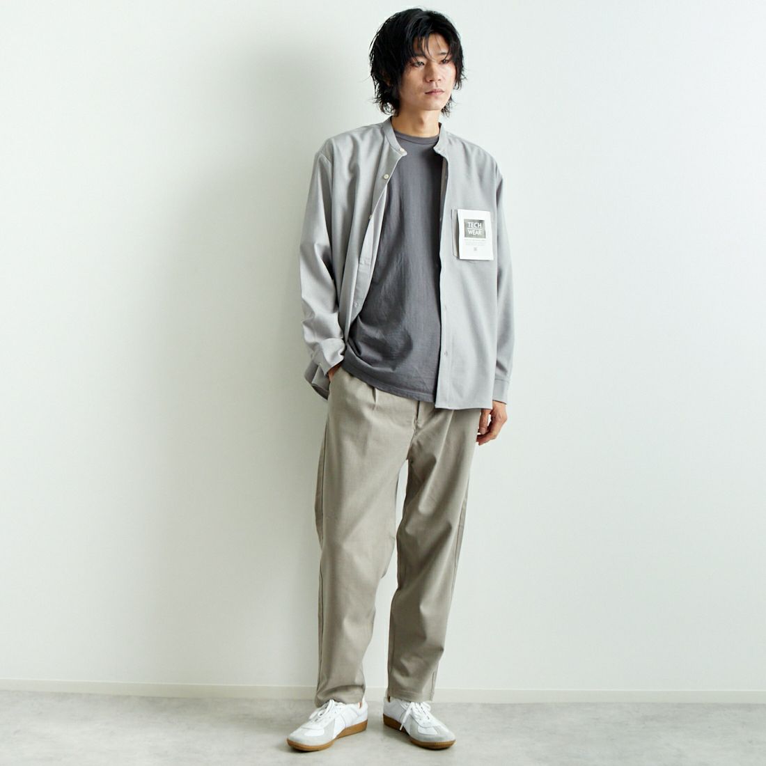 Jeans Factory Clothes [ジーンズファクトリークローズ] ウール混ストレッチワイドテーパードパンツ [JFC-243-054] 66 GRGE &&モデル身長：182cm 着用サイズ：L&&