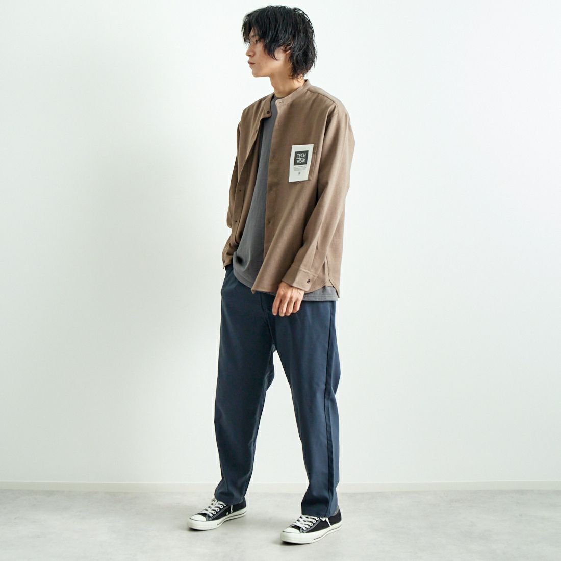Jeans Factory Clothes [ジーンズファクトリークローズ] ウール混ストレッチワイドテーパードパンツ [JFC-243-054] 05 B.GRY &&モデル身長：182cm 着用サイズ：L&&