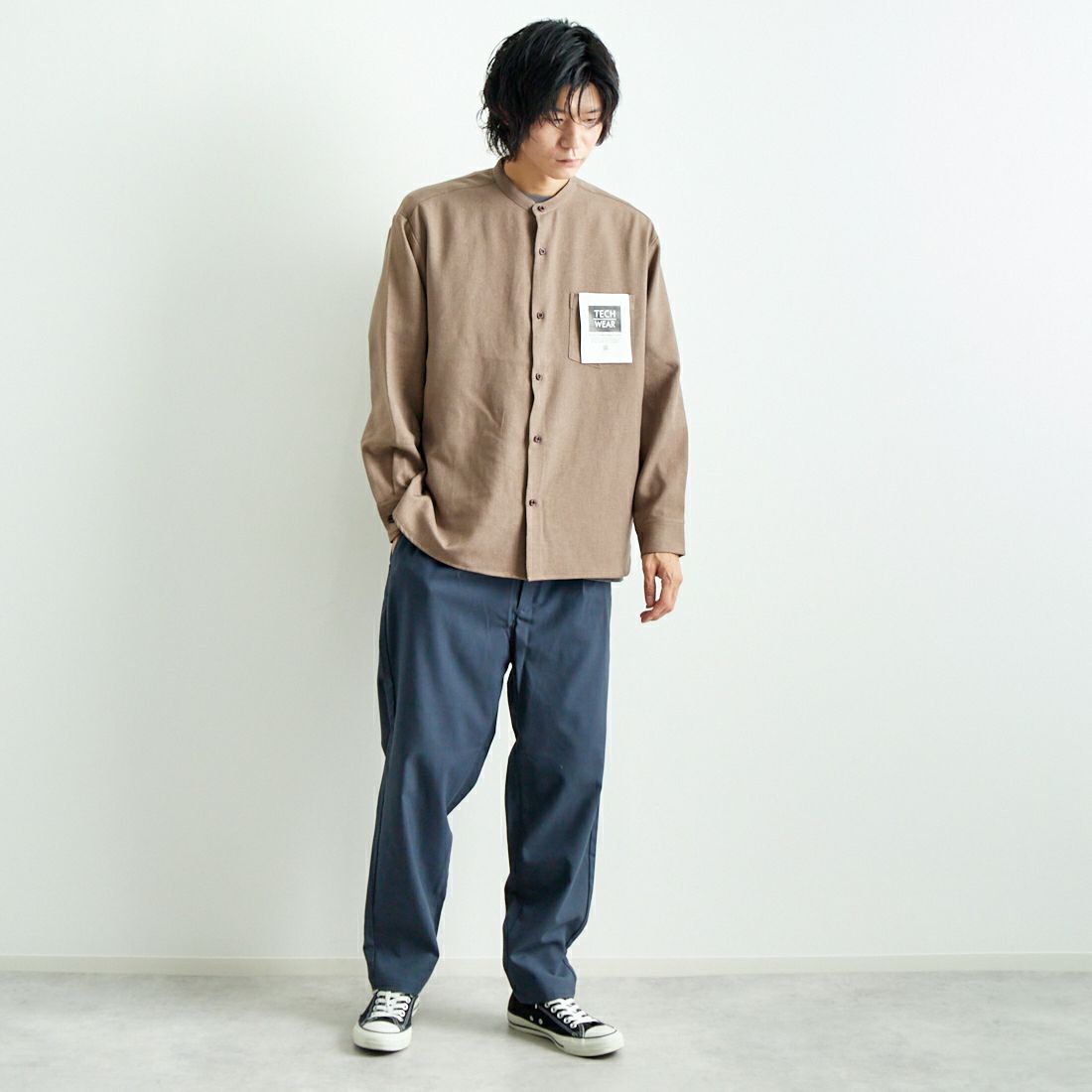 Jeans Factory Clothes [ジーンズファクトリークローズ] ウール混ストレッチワイドテーパードパンツ [JFC-243-054] 05 B.GRY &&モデル身長：182cm 着用サイズ：L&&