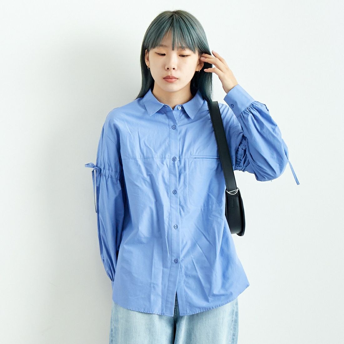 Jf Ready Made [ジェイエフレディメイド] T/Cブロード袖リボンシャツ [8843306-01] 82 ﾌﾞﾙｰ &&モデル身長：167cm 着用サイズ：F&&