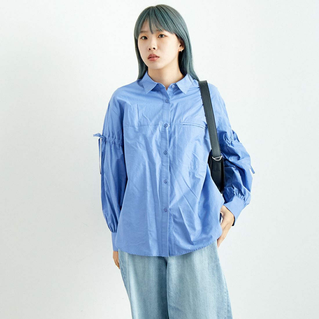 Jf Ready Made [ジェイエフレディメイド] T/Cブロード袖リボンシャツ [8843306-01] 82 ﾌﾞﾙｰ &&モデル身長：167cm 着用サイズ：F&&