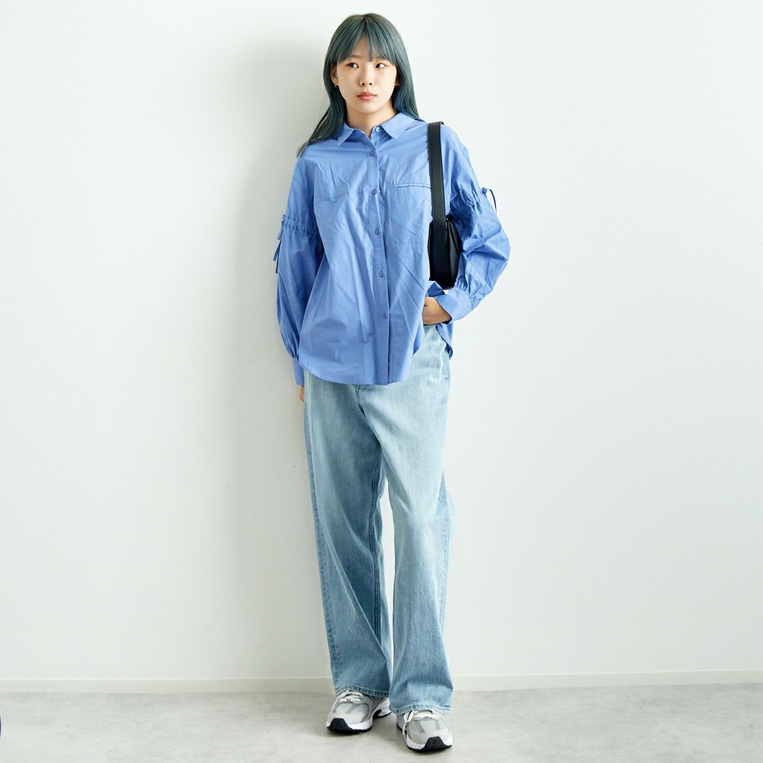 Jf Ready Made [ジェイエフレディメイド] T/Cブロード袖リボンシャツ [8843306-01] 82 ﾌﾞﾙｰ &&モデル身長：167cm 着用サイズ：F&&