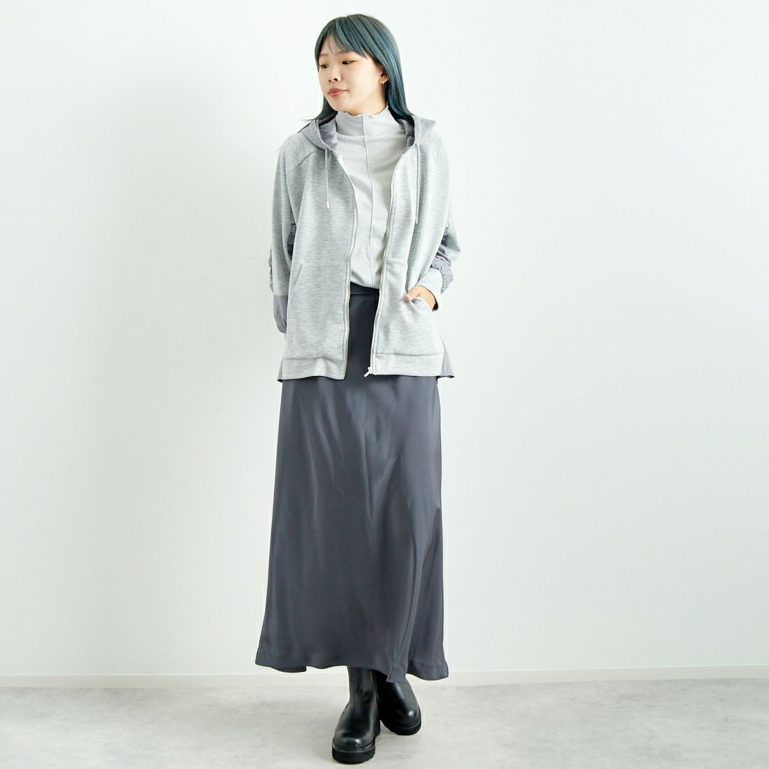 Jeans Factory Clothes [ジーンズファクトリークローズ] 異素材切り替え ボンディングパーカー [21243068] 006 ｸﾞﾚｰ &&モデル身長：167cm 着用サイズ：F&&