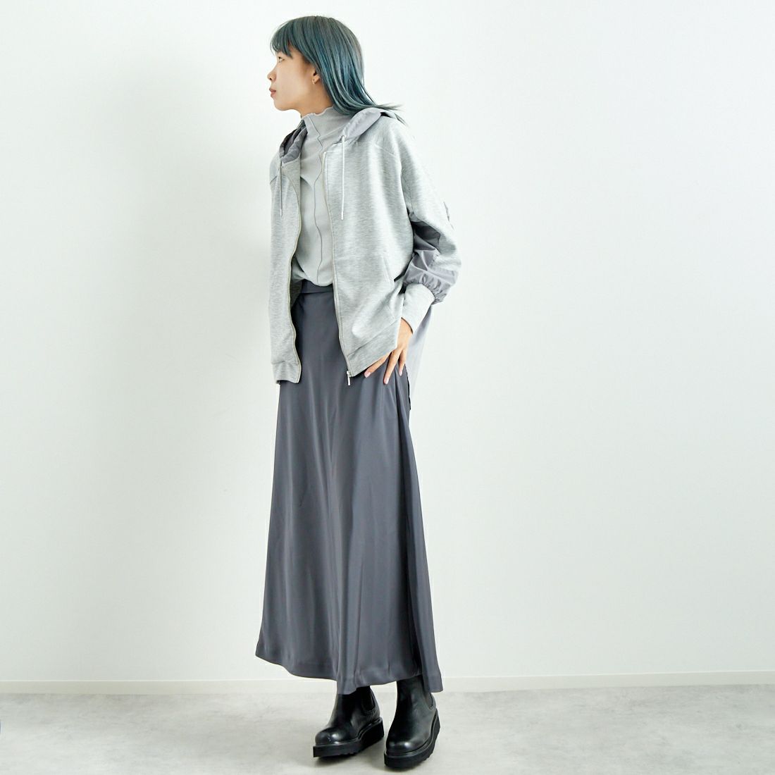 Jeans Factory Clothes [ジーンズファクトリークローズ] 異素材切り替え ボンディングパーカー [21243068] 006 ｸﾞﾚｰ &&モデル身長：167cm 着用サイズ：F&&