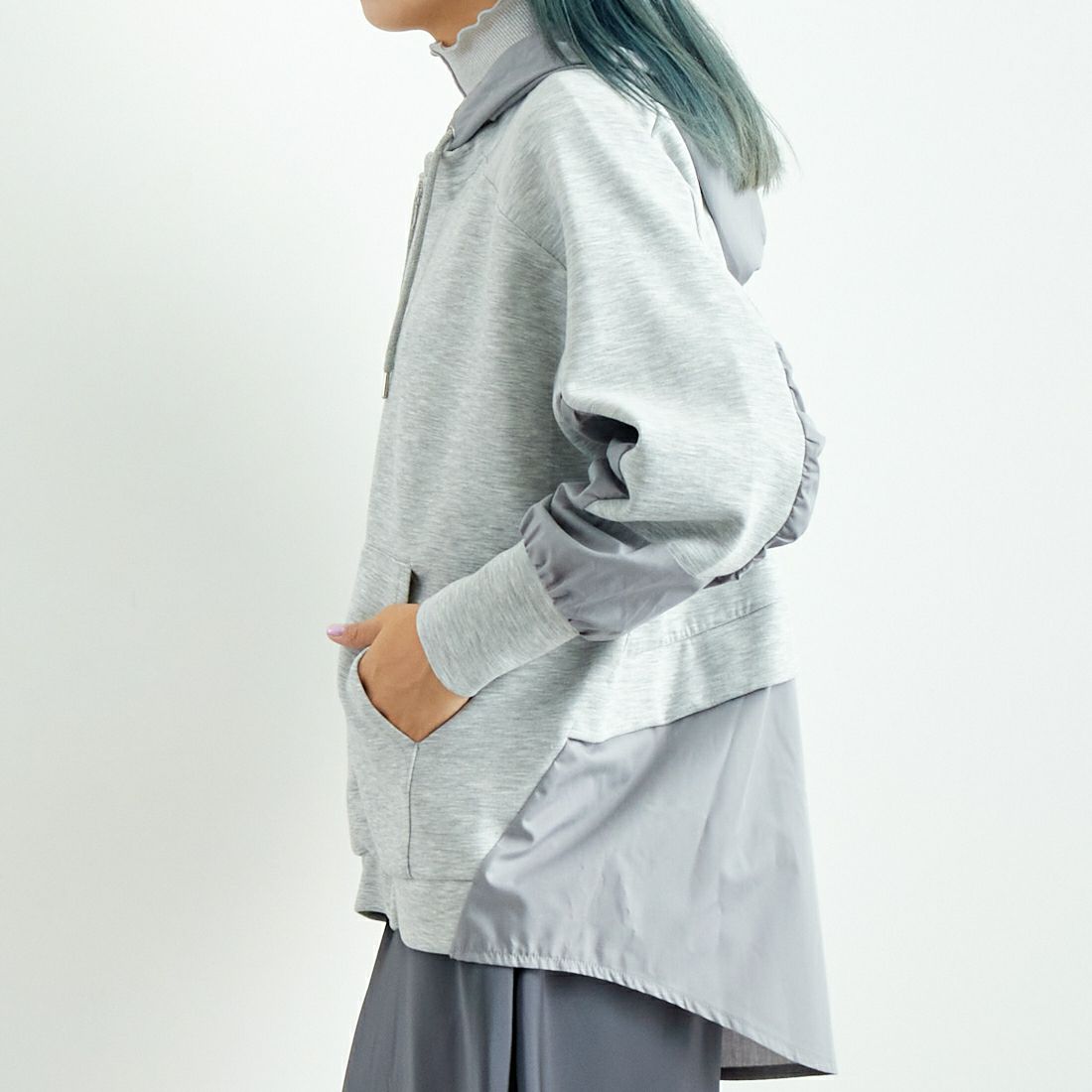 Jeans Factory Clothes [ジーンズファクトリークローズ] 異素材切り替え ボンディングパーカー [21243068] 006 ｸﾞﾚｰ &&モデル身長：167cm 着用サイズ：F&&