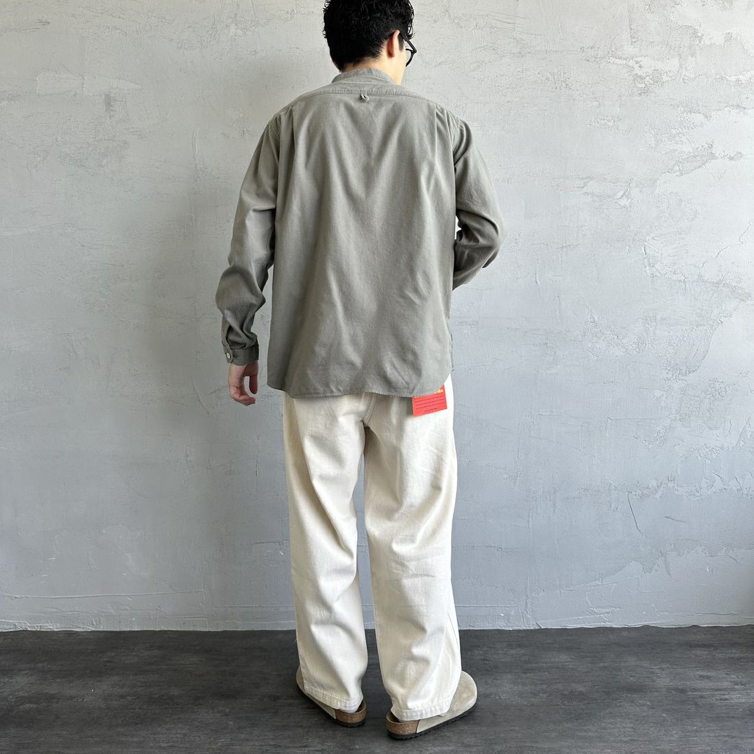 DANTON [ダントン] 先染めビエラ バンドカラーシャツ [DT-B0280VSS] OLIVE CHAM &&モデル身長：168cm 着用サイズ：38&&