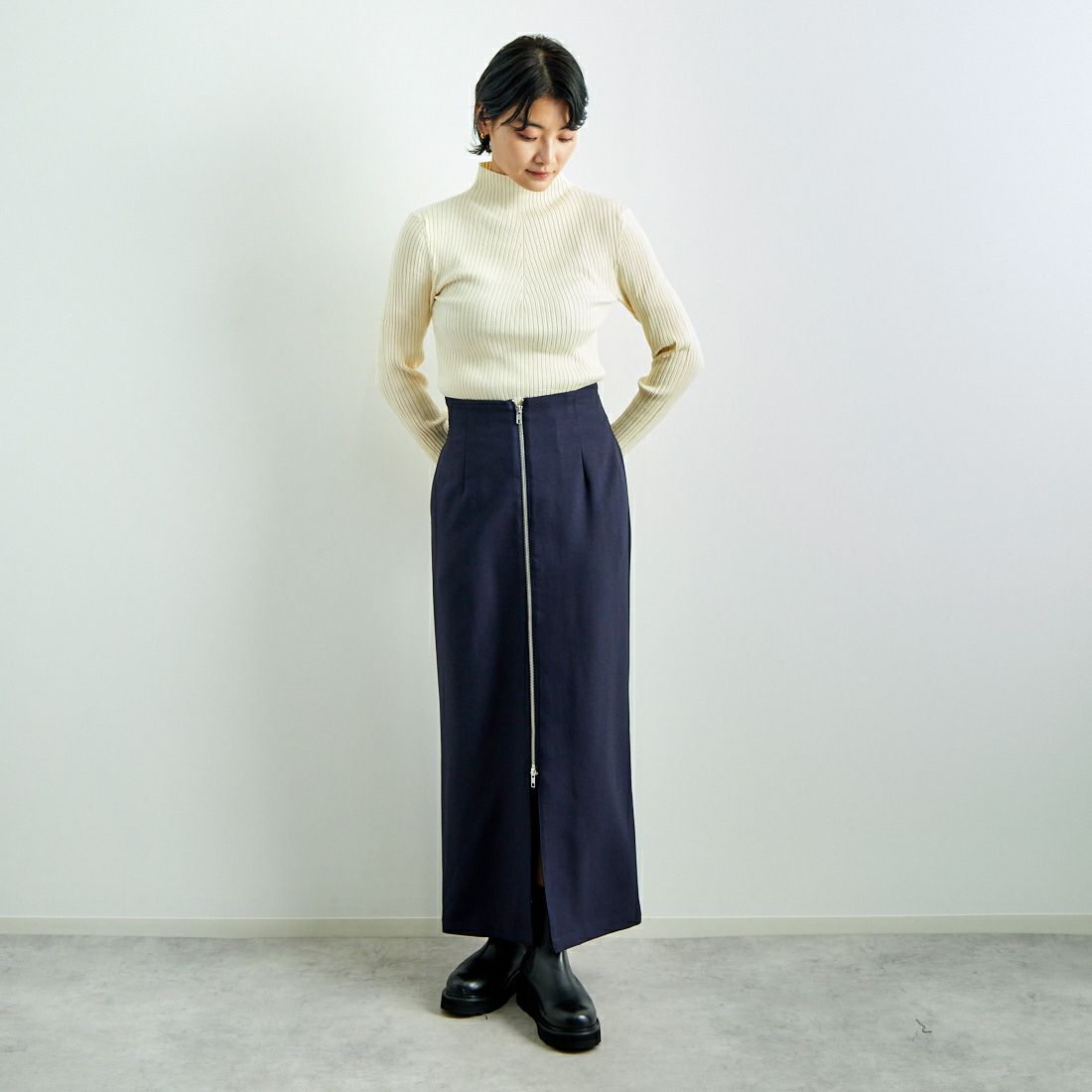 Jeans Factory Clothes [ジーンズファクトリークローズ] ジップスリットタイトスカート [21243056] 076 ﾈｲﾋﾞｰ &&モデル身長：160cm 着用サイズ：36&&