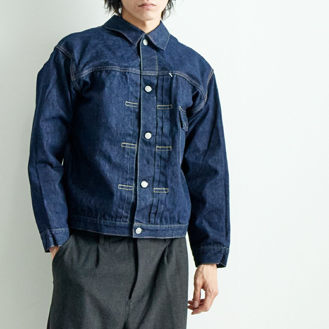 orSlow [オアスロウ] BOTH サイドデニムジャケット [01-6115] 81 ONE WAS &&モデル身長：182cm 着用サイズ：3&&