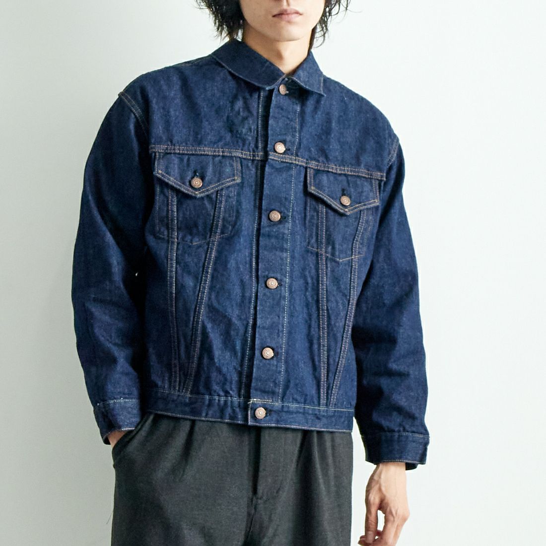 orSlow [オアスロウ] BOTH サイドデニムジャケット [01-6115] 81 ONE WAS &&モデル身長：182cm 着用サイズ：3&&
