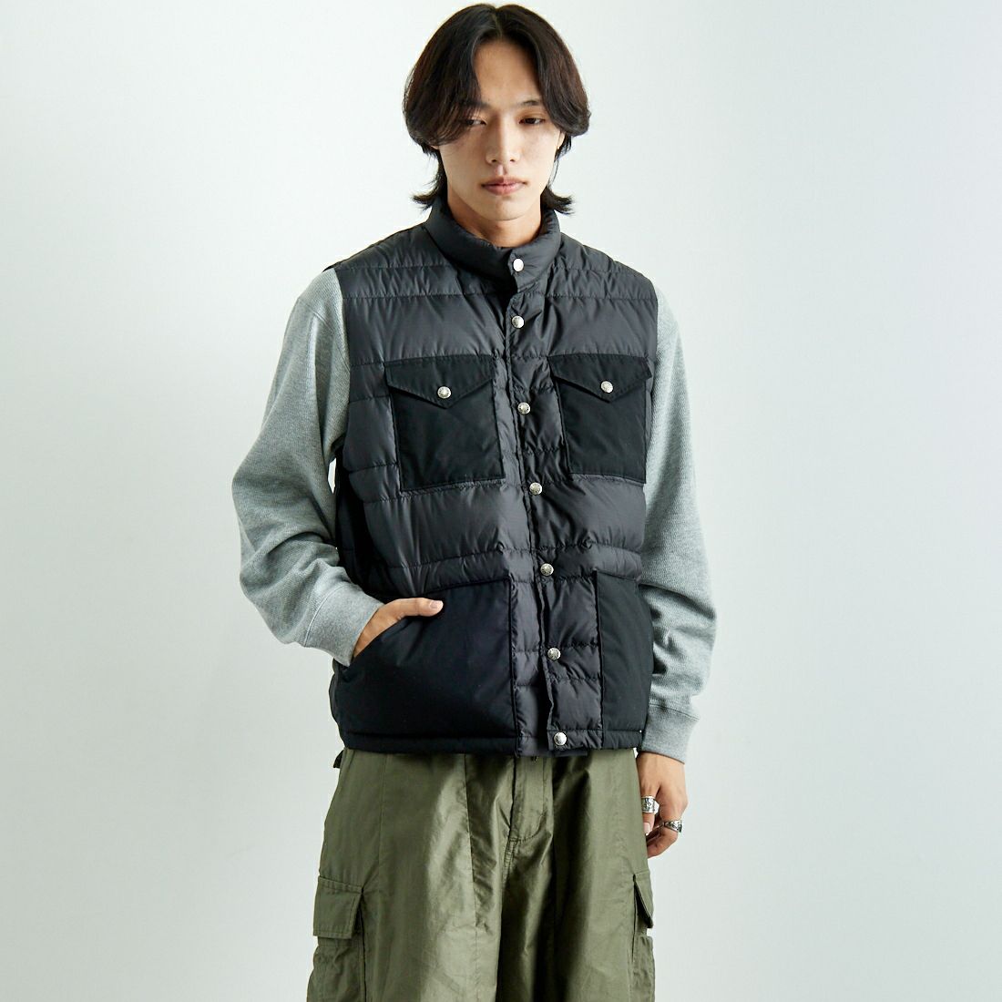THE NORTH FACE PURPLE LABEL [ザ ノースフェイス パープルレーベル] リップストップシエラベスト [N24FN021] K BLACK&&モデル身長：179cm 着用サイズ：M&&