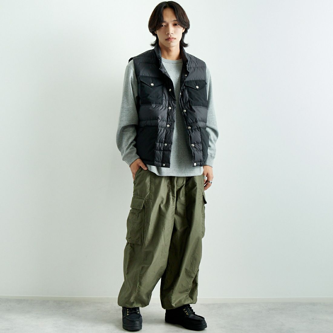 THE NORTH FACE PURPLE LABEL [ザ ノースフェイス パープルレーベル] リップストップシエラベスト [N24FN021] K BLACK&&モデル身長：179cm 着用サイズ：M&&