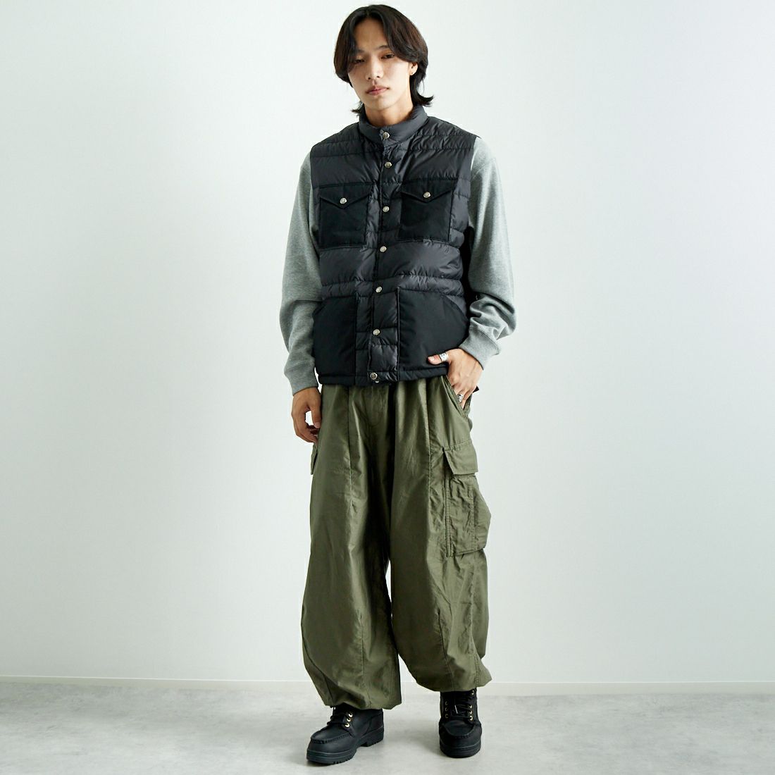 THE NORTH FACE PURPLE LABEL [ザ ノースフェイス パープルレーベル] リップストップシエラベスト [N24FN021] K BLACK&&モデル身長：179cm 着用サイズ：M&&