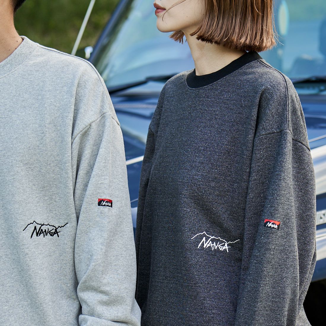 JEANSFACTORY × NANGA [ジーンズファクトリー × ナンガ] 別注 ブランドロゴ刺繍 ドローコードスウェット [NW24AW-JF4] GRAY &&モデル身長：167cm 着用サイズ：S&&