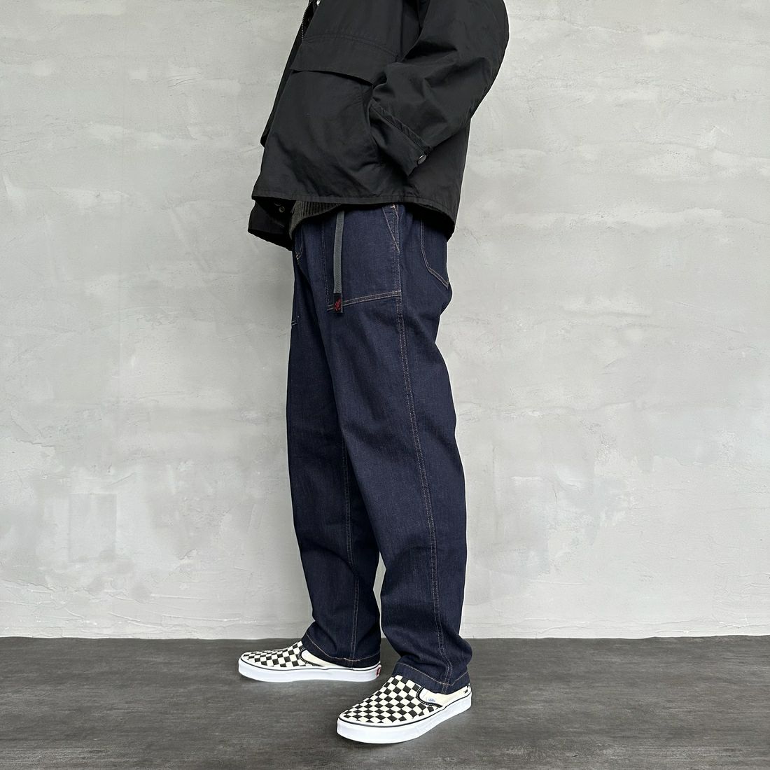 GRAMiCCi [グラミチ] ストレッチデニム ルーズテーパードリッジパンツ [G3FU-P052] ONE WASH &&モデル身長：179cm 着用サイズ：L&&