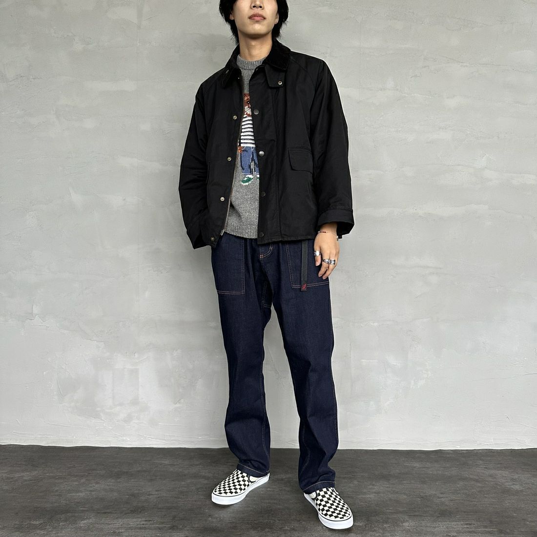 GRAMiCCi [グラミチ] ストレッチデニム ルーズテーパードリッジパンツ [G3FU-P052] ONE WASH &&モデル身長：179cm 着用サイズ：L&&