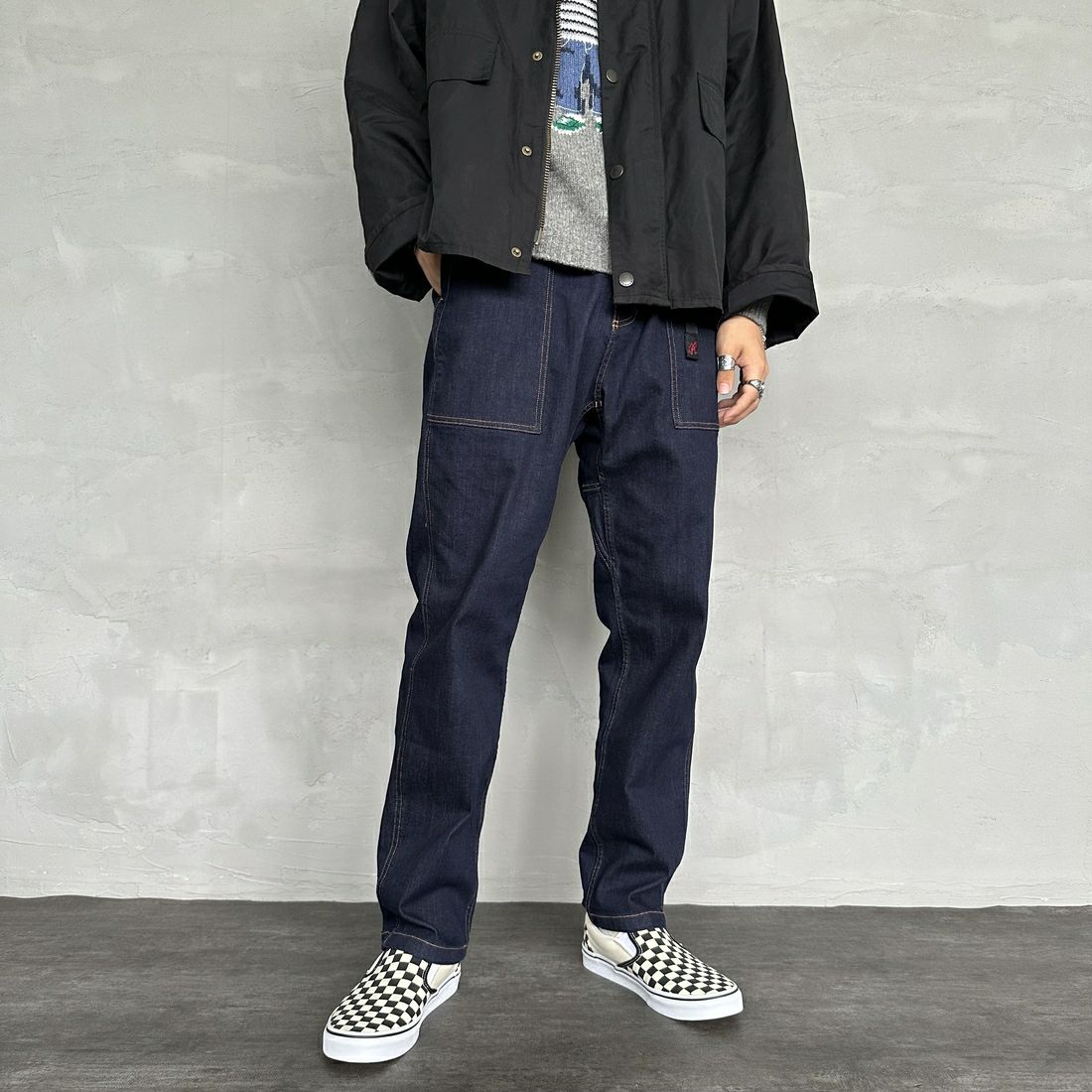 GRAMiCCi [グラミチ] ストレッチデニム ルーズテーパードリッジパンツ [G3FU-P052] ONE WASH &&モデル身長：179cm 着用サイズ：M&&