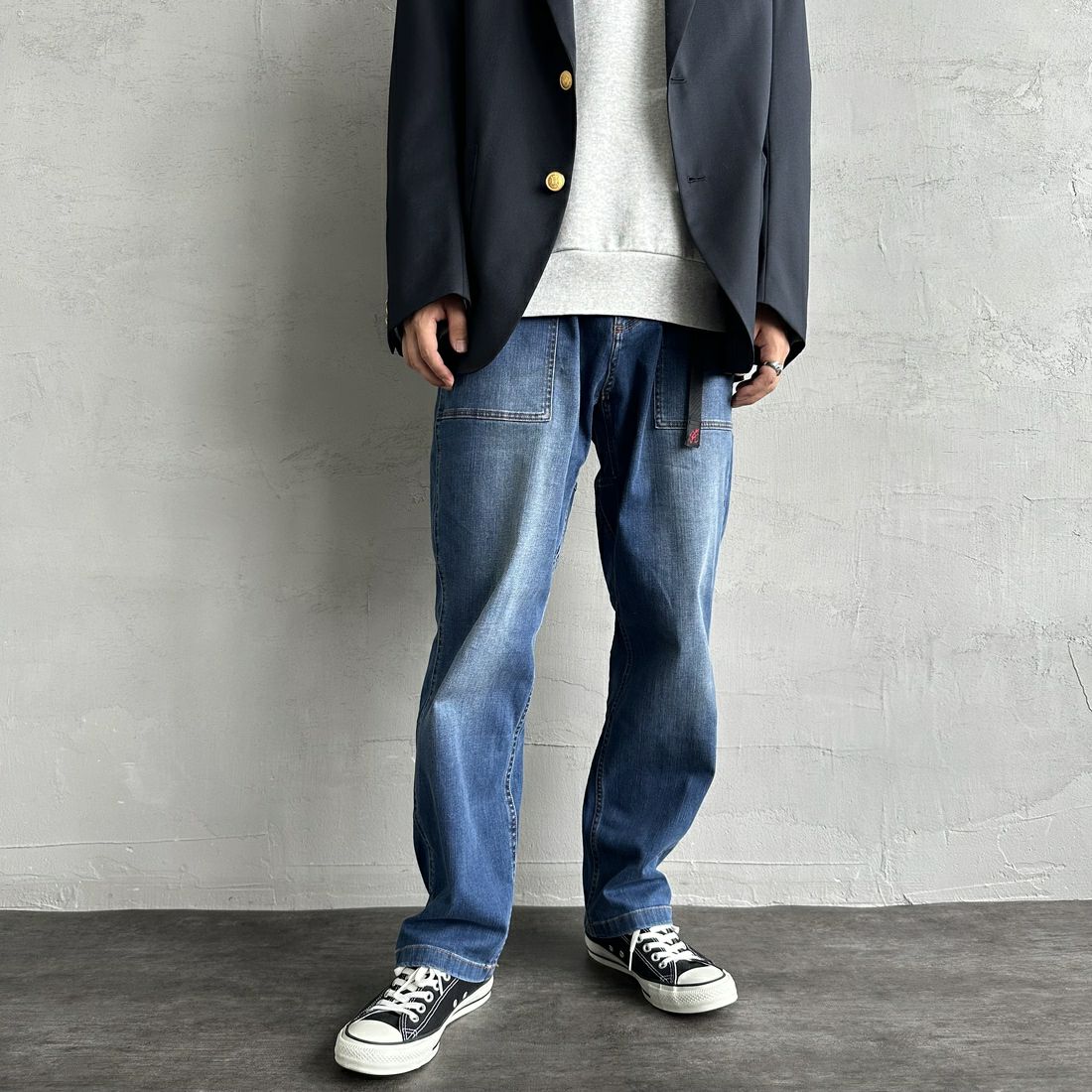 GRAMiCCi [グラミチ] ストレッチデニム ルーズテーパードリッジパンツ [G3FU-P052] DARK USED &&モデル身長：179cm 着用サイズ：L&&