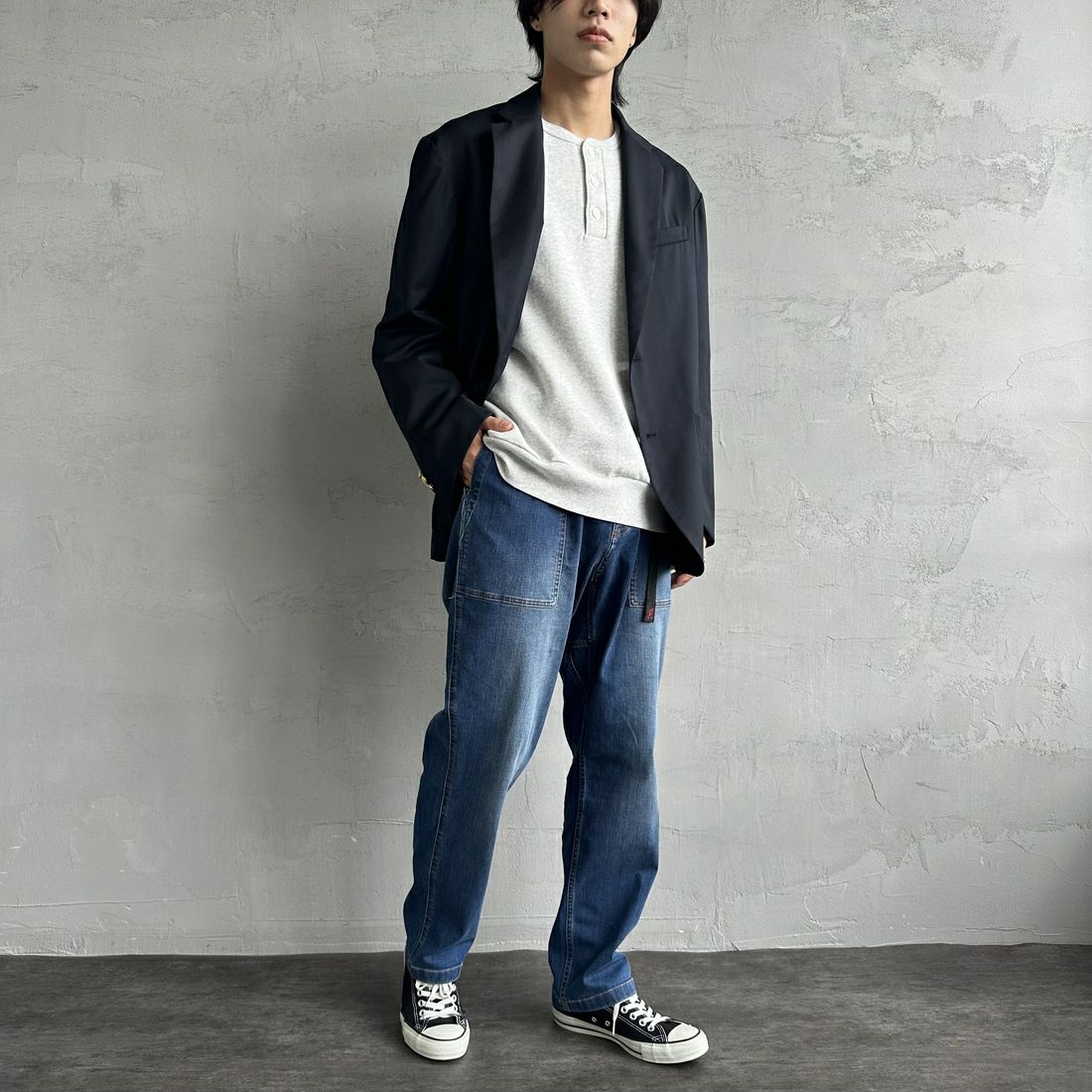 GRAMiCCi [グラミチ] ストレッチデニム ルーズテーパードリッジパンツ [G3FU-P052] DARK USED &&モデル身長：179cm 着用サイズ：L&&