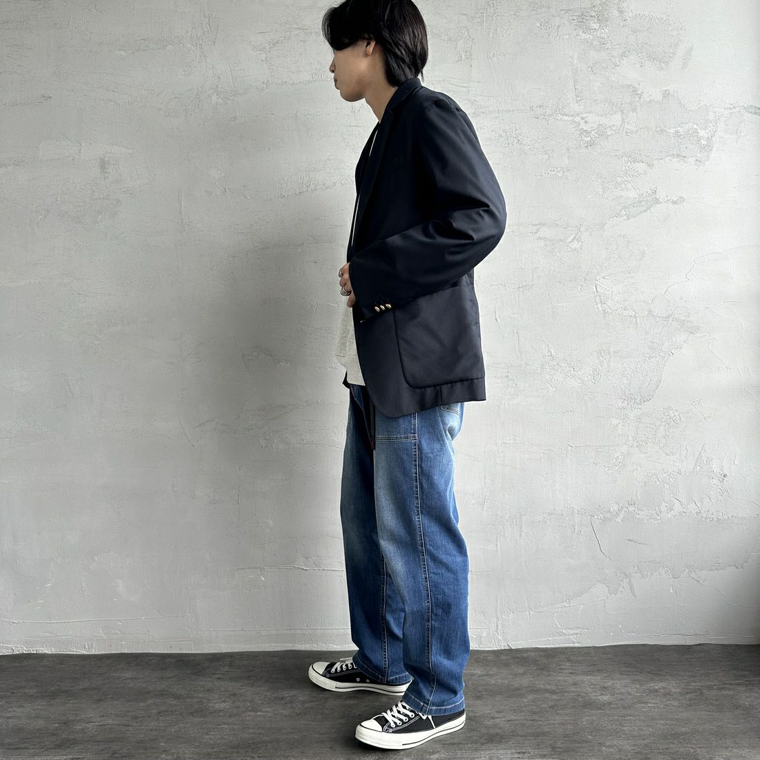 GRAMiCCi [グラミチ] ストレッチデニム ルーズテーパードリッジパンツ [G3FU-P052] DARK USED &&モデル身長：179cm 着用サイズ：L&&