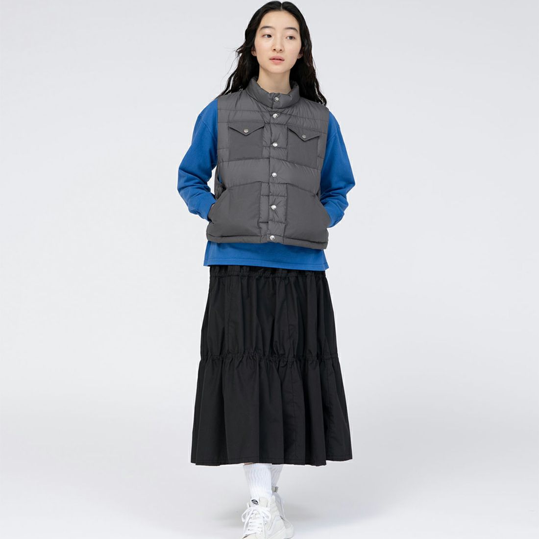 THE NORTH FACE PURPLE LABEL [ザ ノースフェイス パープルレーベル] リップストップ ショートシエラベスト [N24FN022] AH AHGRAY &&モデル身長：162cm 着用サイズ：WS&&