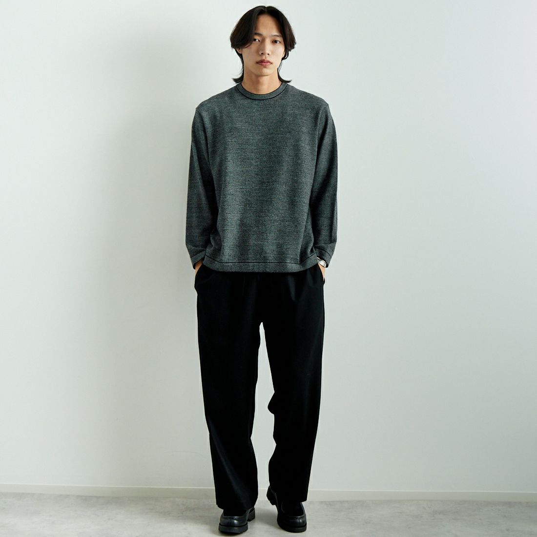 STILL BY HAND [スティルバイハンド] ボーダーニット [KN05243] BLK/WHT &&モデル身長：179cm 着用サイズ：46&&