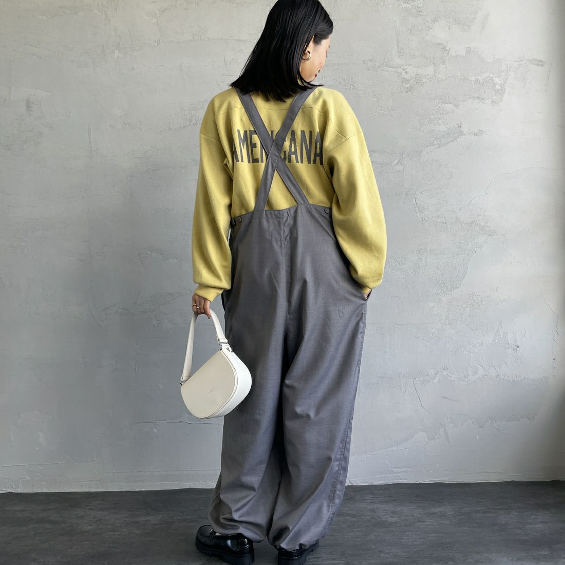 UNIVERSAL OVERALL [ユニバーサルオーバーオール] 裾ドローコードオーバーオール [U2432800IN-JF] GRAY&&モデル身長：163cm 着用サイズ：F&&
