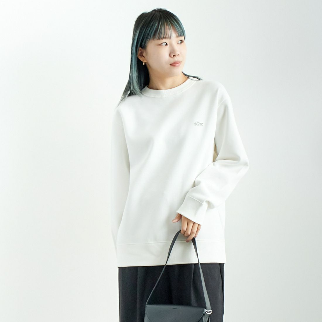 LACOSTE [ラコステ] 鹿の子ワントーンクルーネックニット [SH9359] 70V FLOUR &&モデル身長：167cm 着用サイズ：3&&