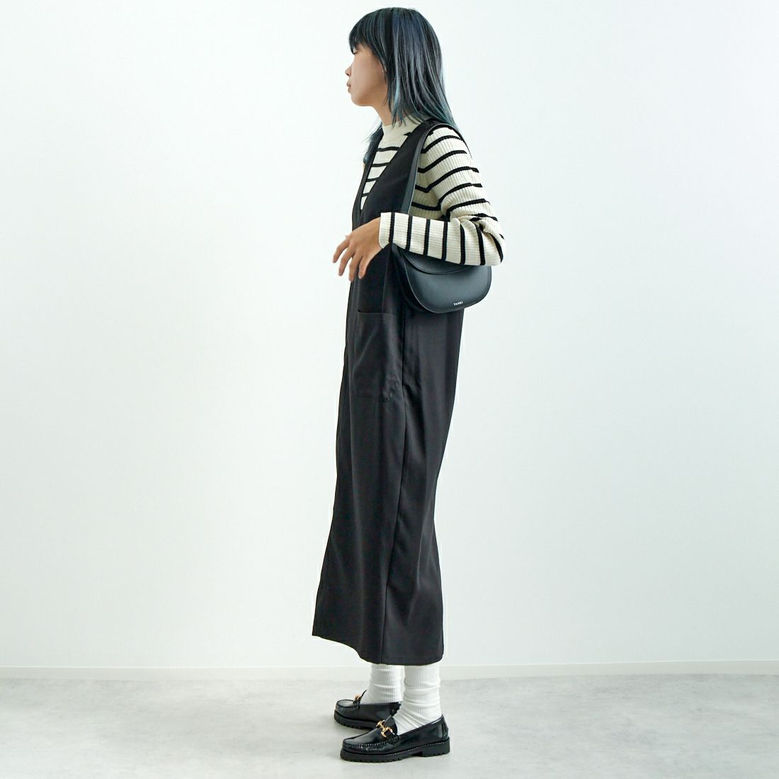 Jeans Factory Clothes [ジーンズファクトリークローズ] チェックVネックワンピース [21243057] 004 ﾌﾞﾗｯｸ &&モデル身長：167cm 着用サイズ：F&&