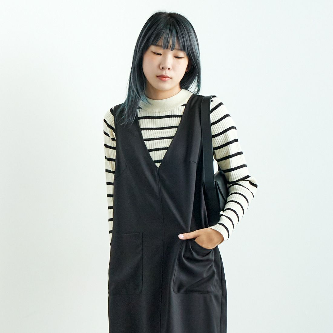 Jeans Factory Clothes [ジーンズファクトリークローズ] チェックVネックワンピース [21243057] 004 ﾌﾞﾗｯｸ &&モデル身長：167cm 着用サイズ：F&&