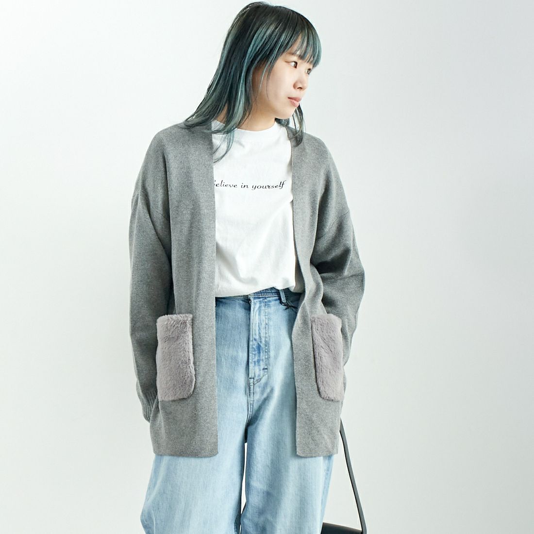 Jf Ready Made [ジェイエフレディメイド] ファーポケット総針カーディガン [3006204] 821 ﾓｸｸﾞﾚｰ &&モデル身長：167cm 着用サイズ：F&&