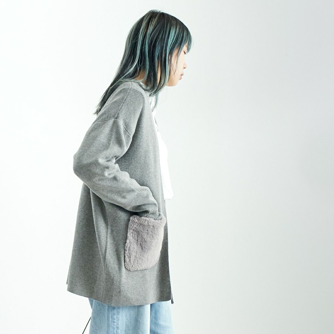 Jf Ready Made [ジェイエフレディメイド] ファーポケット総針カーディガン [3006204] 821 ﾓｸｸﾞﾚｰ &&モデル身長：167cm 着用サイズ：F&&