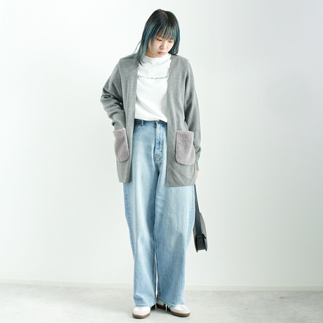 Jf Ready Made [ジェイエフレディメイド] ファーポケット総針カーディガン [3006204] 821 ﾓｸｸﾞﾚｰ &&モデル身長：167cm 着用サイズ：F&&