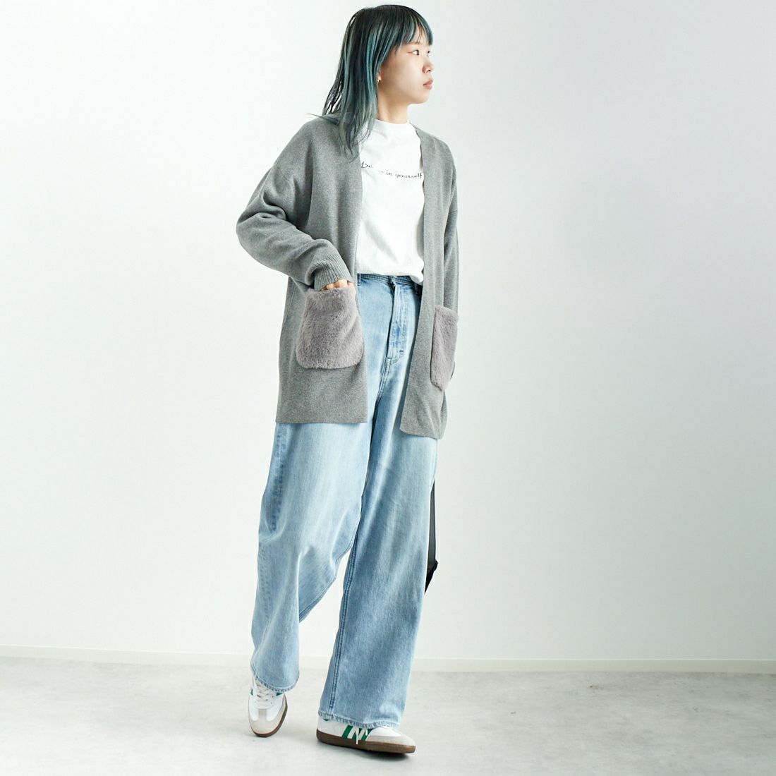 Jf Ready Made [ジェイエフレディメイド] ファーポケット総針カーディガン [3006204] 821 ﾓｸｸﾞﾚｰ &&モデル身長：167cm 着用サイズ：F&&