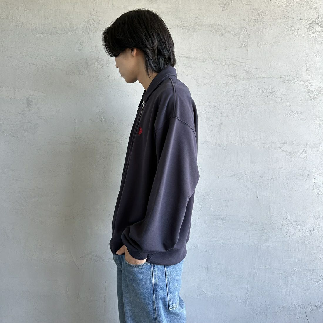 U.S.POLO ASSN. [ユーエスポロアッスン] 別注 ワンポイントロゴ刺繍 ハーフジップポロスウェット [PLM43103IN-JF] ﾈｲﾋﾞｰ &&モデル身長：179cm 着用サイズ：L&&