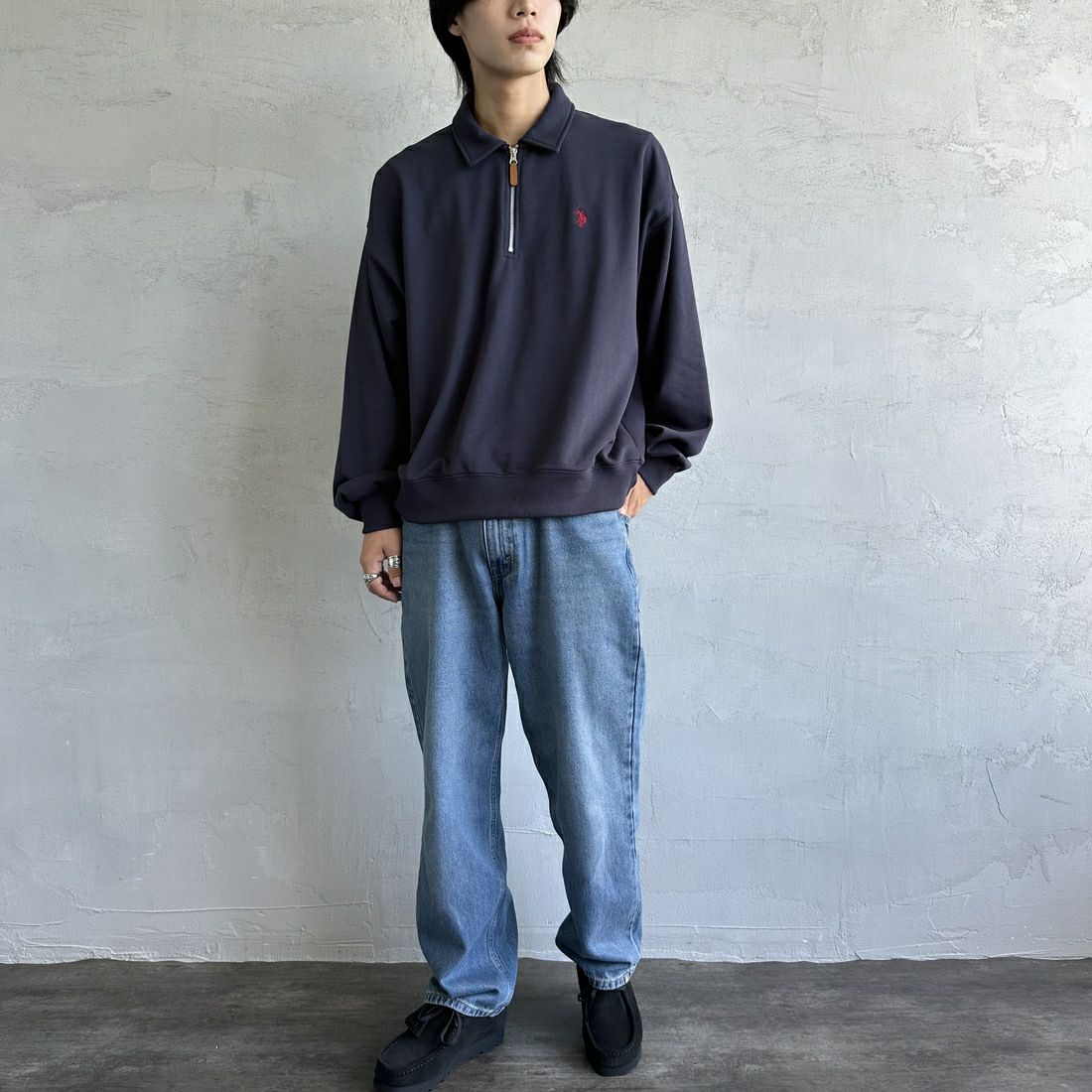 U.S.POLO ASSN. [ユーエスポロアッスン] 別注 ワンポイントロゴ刺繍 ハーフジップポロスウェット [PLM43103IN-JF] ﾈｲﾋﾞｰ &&モデル身長：179cm 着用サイズ：L&&