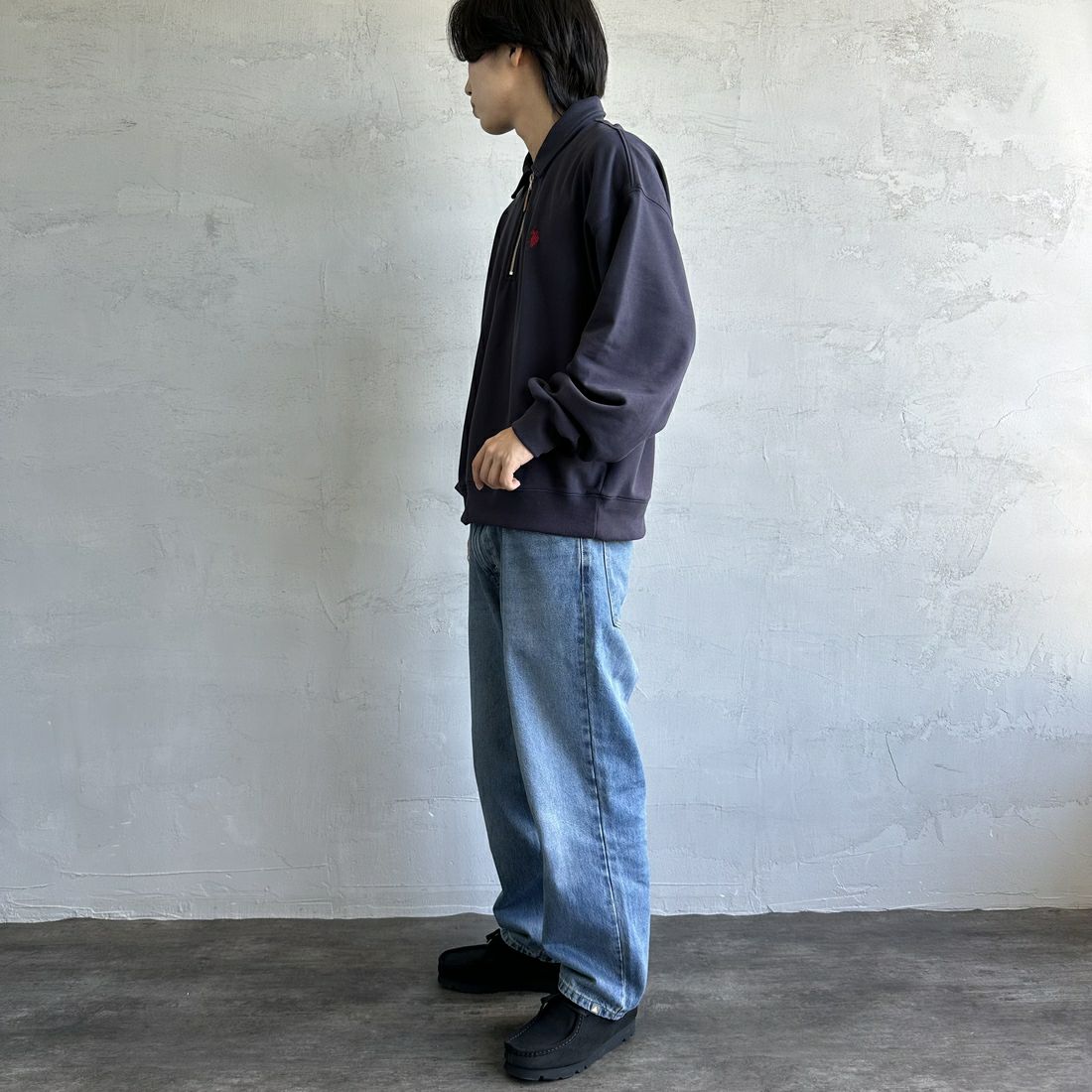 U.S.POLO ASSN. [ユーエスポロアッスン] 別注 ワンポイントロゴ刺繍 ハーフジップポロスウェット [PLM43103IN-JF] ﾈｲﾋﾞｰ &&モデル身長：179cm 着用サイズ：L&&